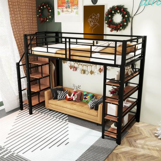 Youth Bed with Safety Stairs Several Shelves Built-in Wardrobe Strong Load Bearing Metal Frame Loft Bed Home Furniture