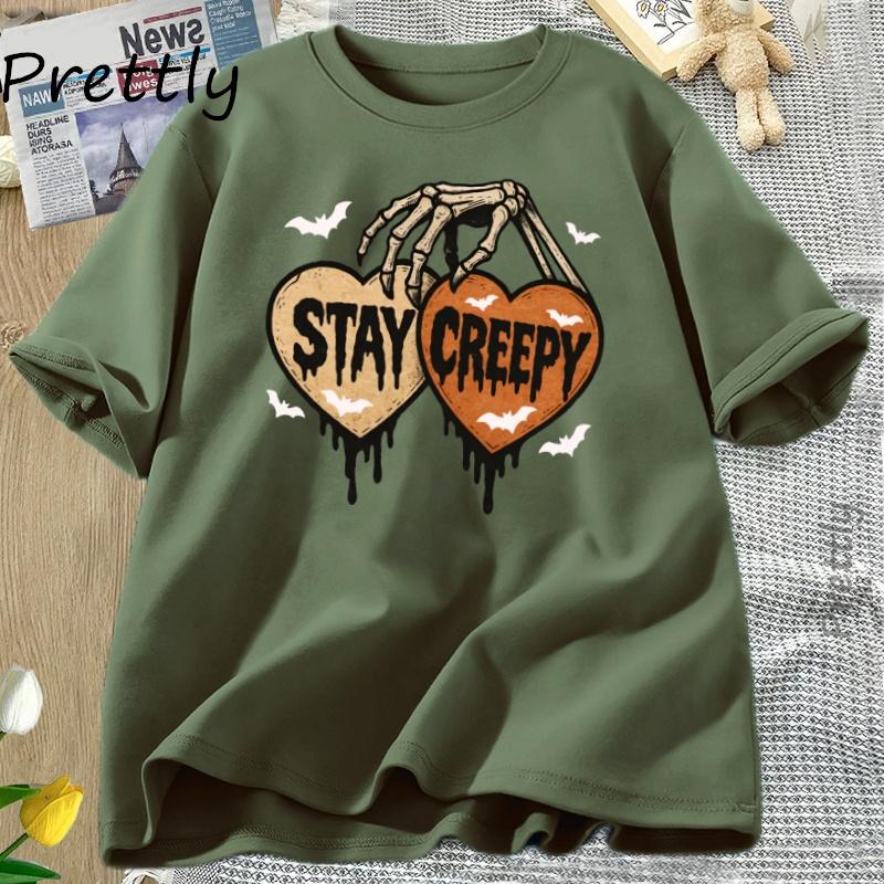 Stay Creepy Tshirt Retro Dripping Heart Halloween Clipart T Shirt Skeleton Hand Spooky Graphic T Shirts FeUnisex Clothing