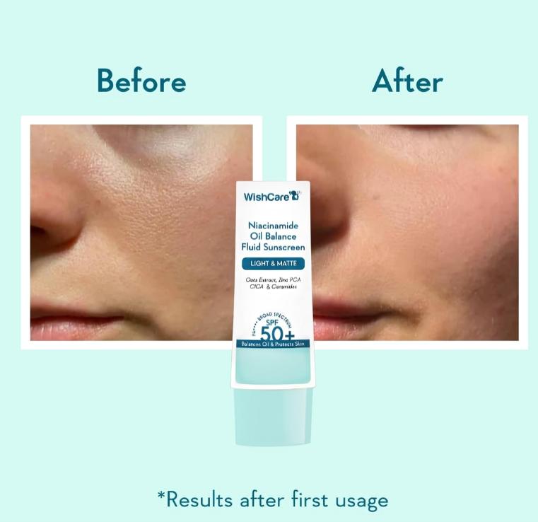 WishCare 5% Niacinamide Oil Balance Fluid Sunscreen SPF 50 PA++++ - Light & Matte Sunscreen for Oily Skin 50g