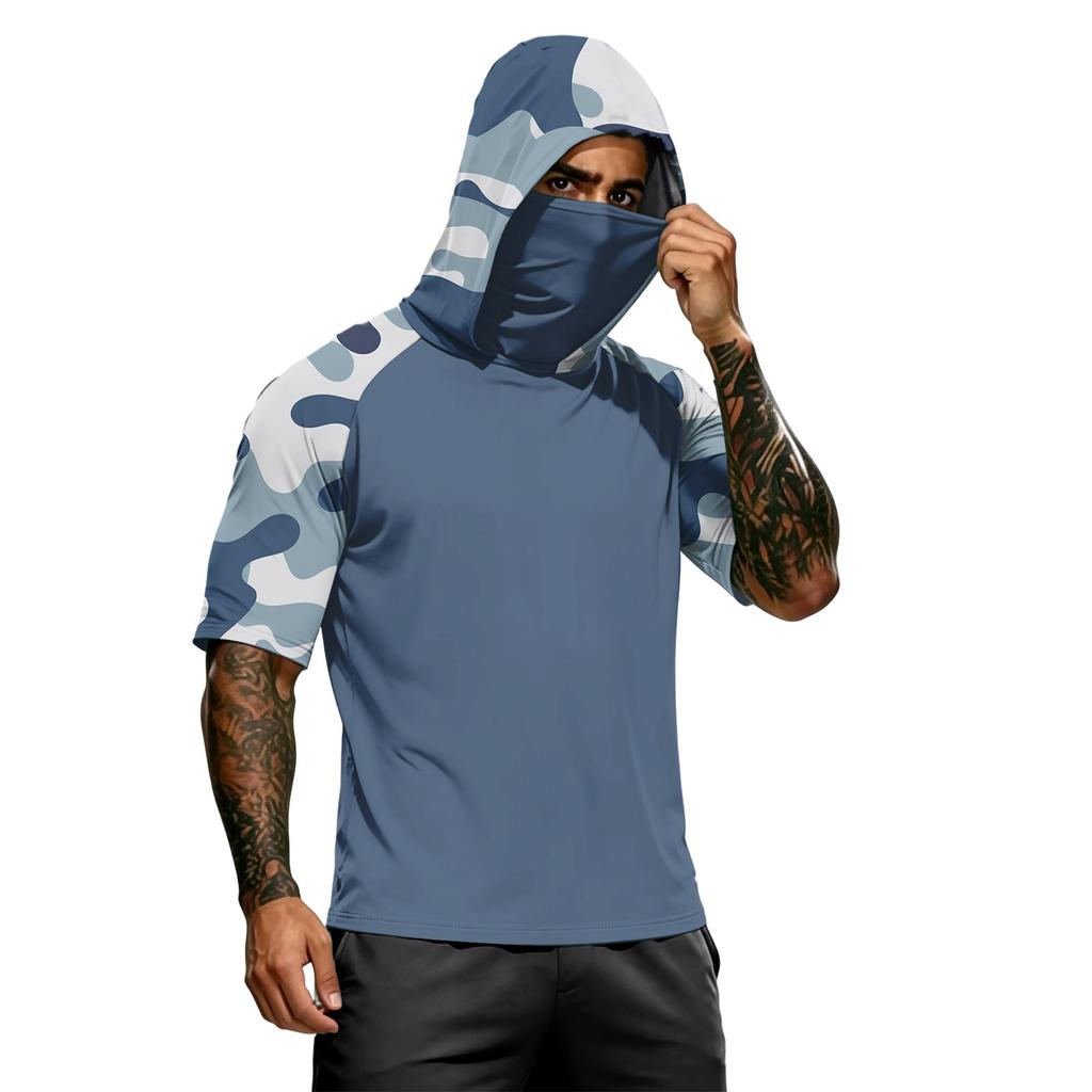 Camiseta con Capucha de Manga Corta para Hombre Casual Estampado de Camuflaje Manga Raglán Pulóver Top Ligero para Deportes al Aire Libre