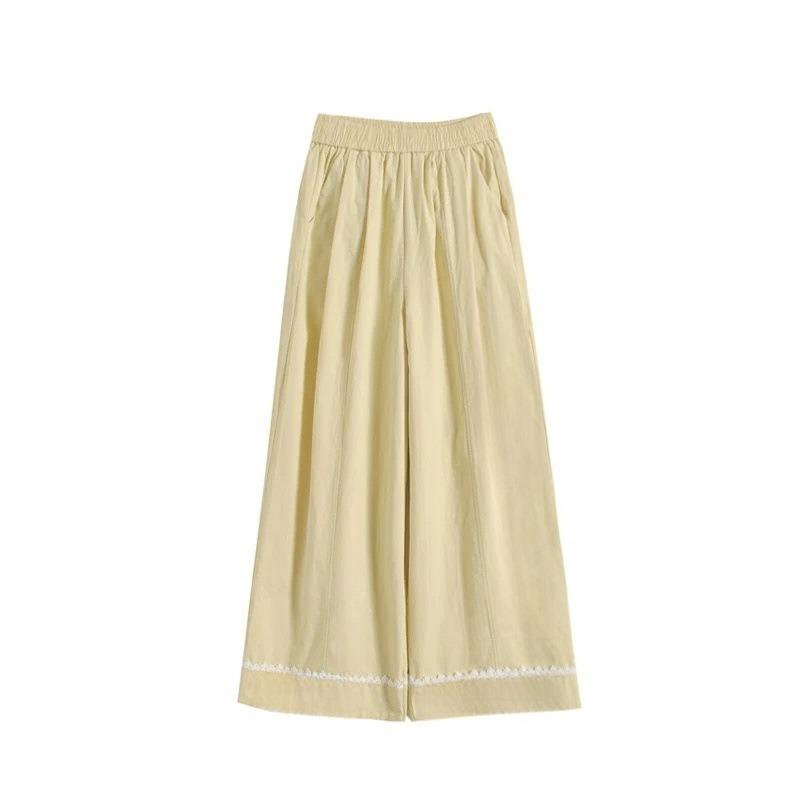 Thirteen Lines of Quality Washed Cotton High Waist Thin Wide-leg Pants Girls Summer Lace Flanged Nine-point Straight-leg Pants