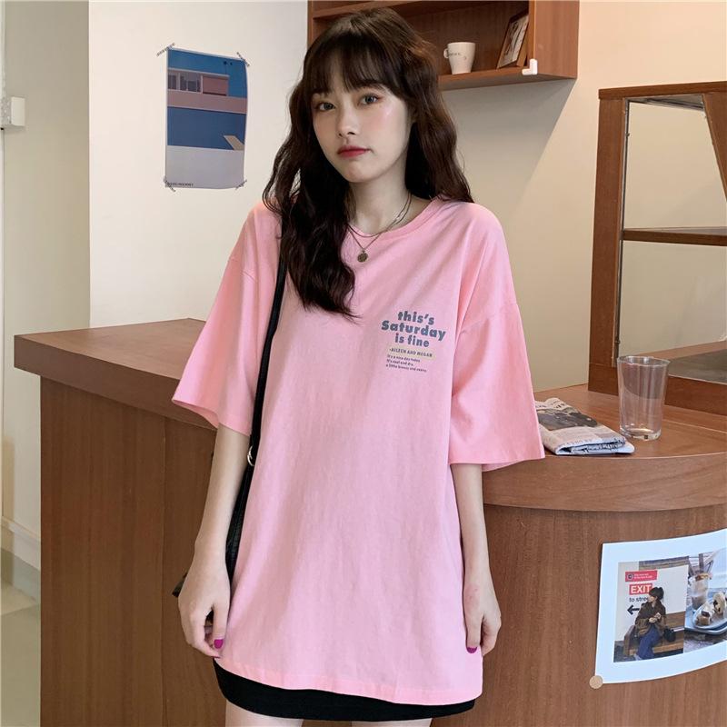 

Летняя свободная футболка с короткими рукавами с принтом, студенческая, корейская версия, пара, спереди и сзади, топ с принтом, женский топ XL розовый