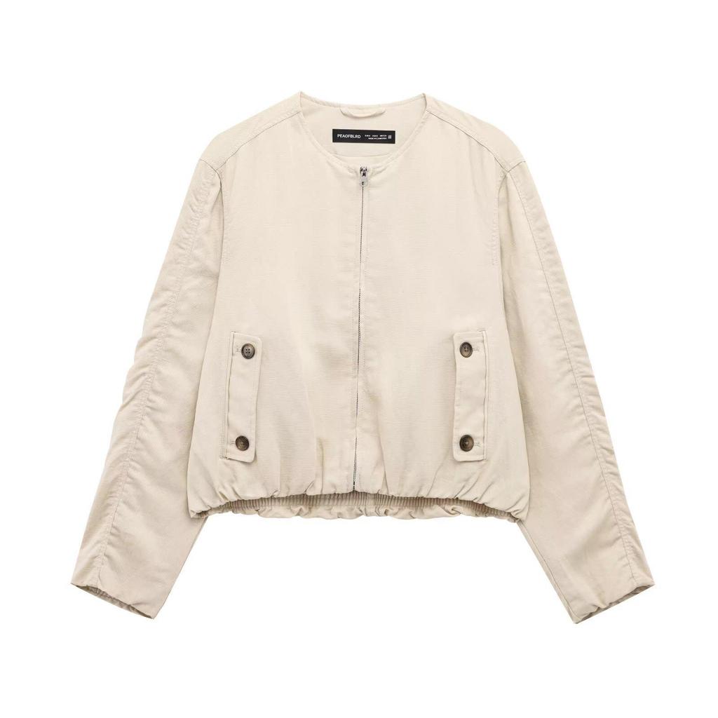 2025 Spring Women's European & American Style Linen Blend Bomber Jacket