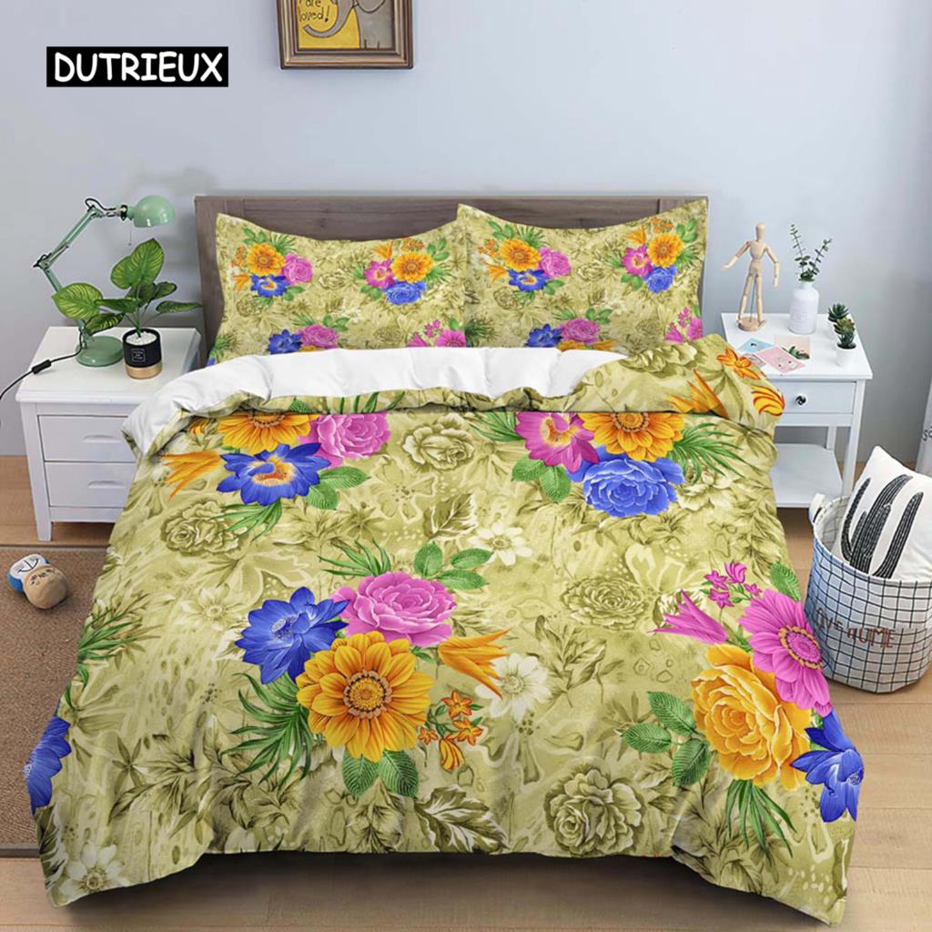 Vintage Blume König Königin Bettbezug, Pfingstrose Sonnenblume Bettwäsche-Set, Tropischer Blumen Steppdeckenbezug Boho Bettdeckenbezug