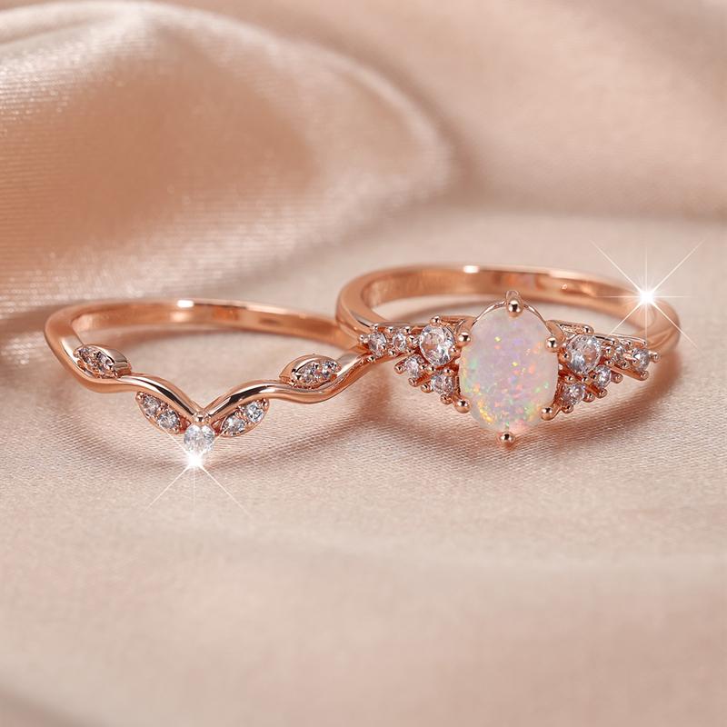 Set de inele de opal de foc alb de epocă pentru femei Inele de logodnă de lux aur roz de culoare bijuterii de nuntă