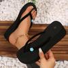 Fashion Women's Flower Decor Med Heel Flip Flops Simple Style Black Wedge Clip Toe Slides Woman Summer Outdoor Med Heel Slippers Mujer