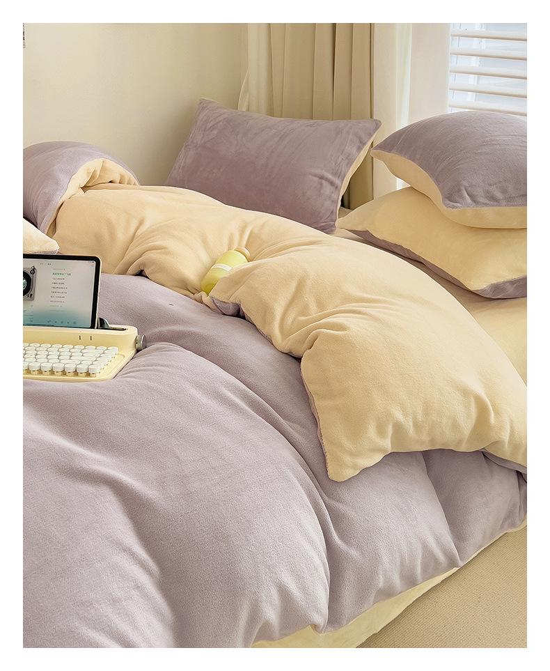 Winter Milk Coral Fleece Flannel Bedding Set: Double-Sided Plush Quilt Cover & Thickened Bed Sheet Set.