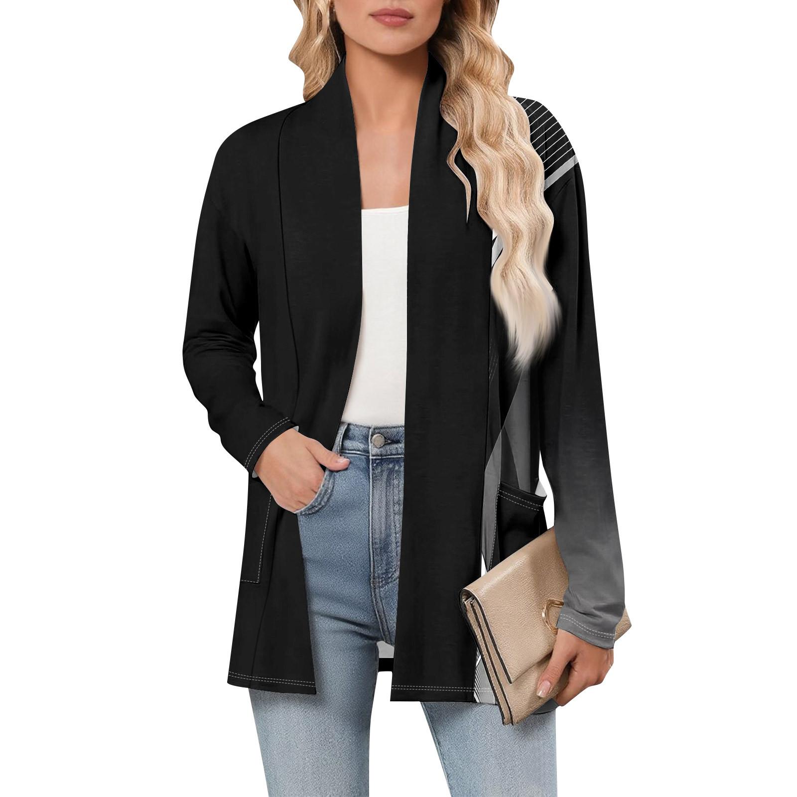 

Women s Long Sleeve Cardigan V Neck Fashion Printed Shirt Lightweight Casual Loose Thin Cardigans With Pockets M чёрный