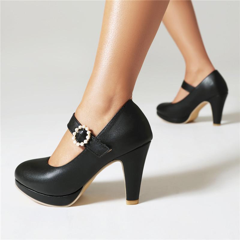 Enkeltsko med høye hæler for kvinner vår og høst nye enkel vanntett plattform tykk hæl grunt munn stor størrelse fire årstider sko