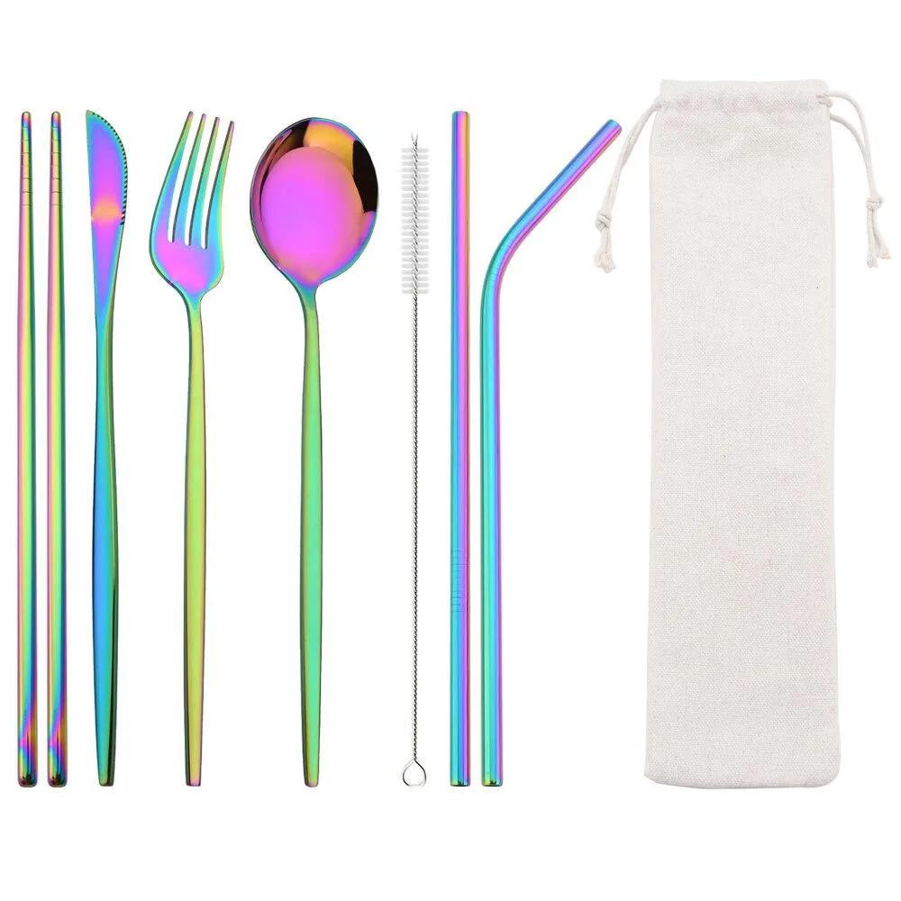 8 pezzi/set di stoviglie riutilizzabili set di posate da viaggio set di utensili da campeggio con cucchiaio in acciaio inox forchetta bacchette cannuccia custodia portatile