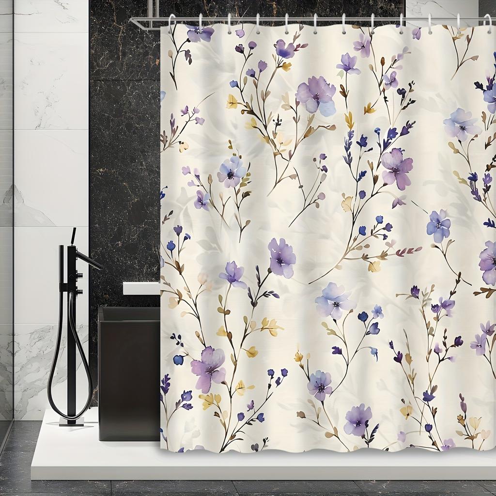 1pc Bohemian Purple Floral Shower Curtain - Vibrant Floral Pattern with Lavender, Yellow and Blue Flowers, Machine Washable