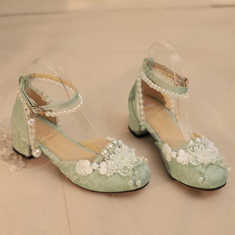 

New girls sandals medium and older children s shoes little girls students high heels princess shoes bow lolita children s sandals 39 (inner length 24.5cm) зелёный