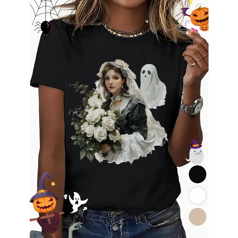 

Women Gothic Victorian Round Neck Short Sleeve T-Shirt Floral Rose Bride Print Black White Apricot Stretchy Digital Print Regular H-Line Fit 4XL чорний