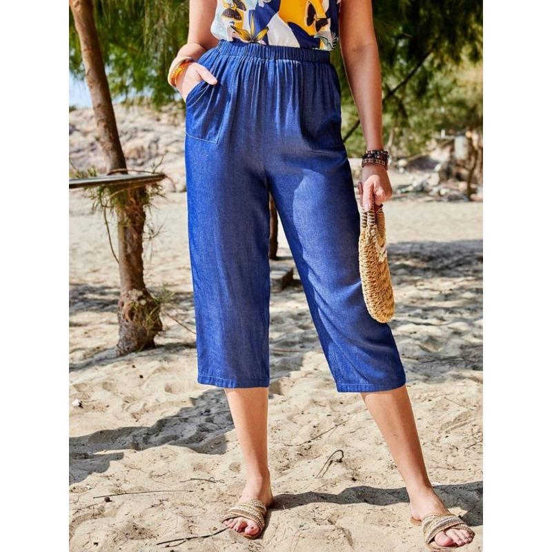 

Новые весенне-летние свободные модные и повседневные брюки-капри из искусственного шелка с карманами S синий
