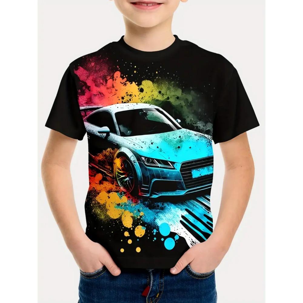 Boys' T-shirts with racing prints, fashionable children's T-shirts, short sleeved children's T-shirts, casual baby clothing for boys