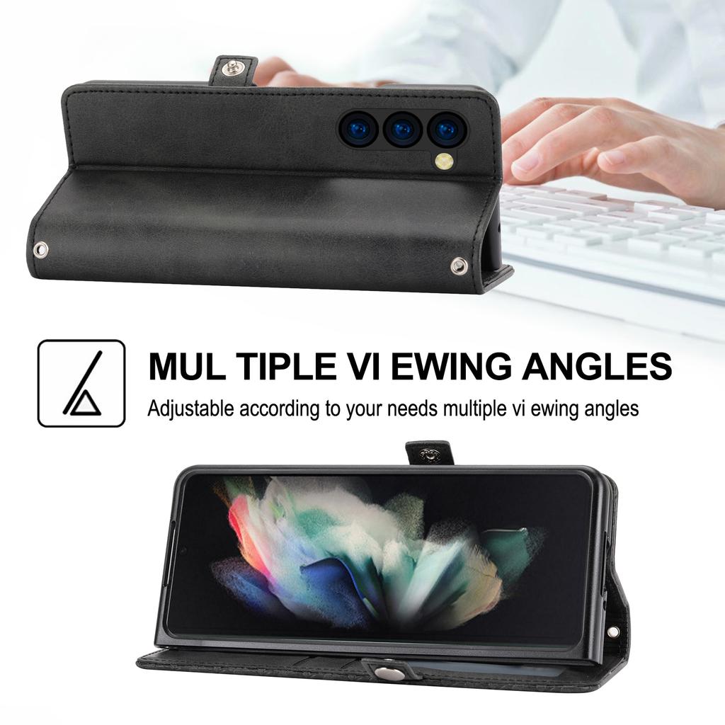For Samsung Galaxy Z Fold6 5G Wallet Case Calf Texture PU Leather Phone Cover with Shoulder Strap