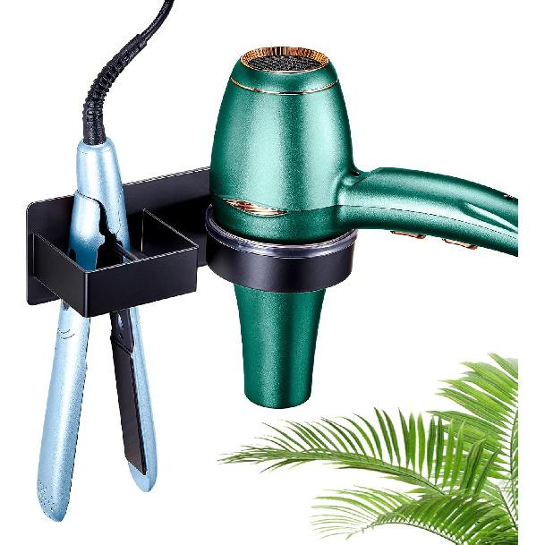 Hair Straightener Holder Wall Mounted Blow Dryer Holder, Stainless Steel Black Blow Dryer and Curling Iron Holder, Bathroom Hair Dryer Straightener