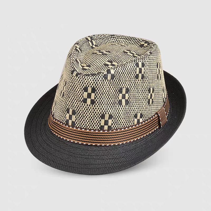 Summer Sunshade Plaid Hat Men's Outdoor Sunscreen Hat Short Brim Top Hat Tide Beach Sun Straw Hat Weaving