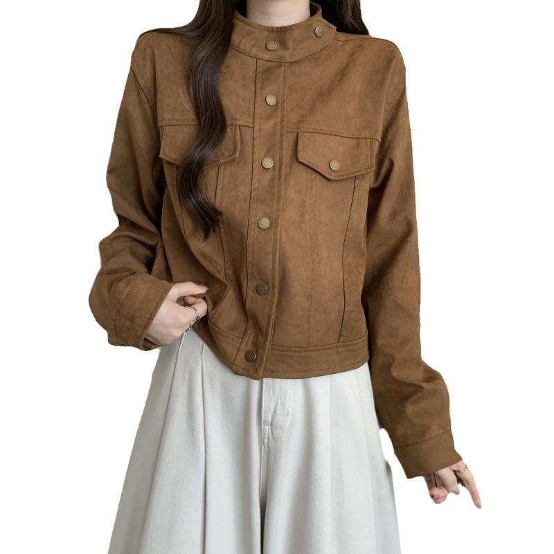 Plus Size 2025 Korean Spring Suede Slimming Long Sleeve Short Jacket for Women