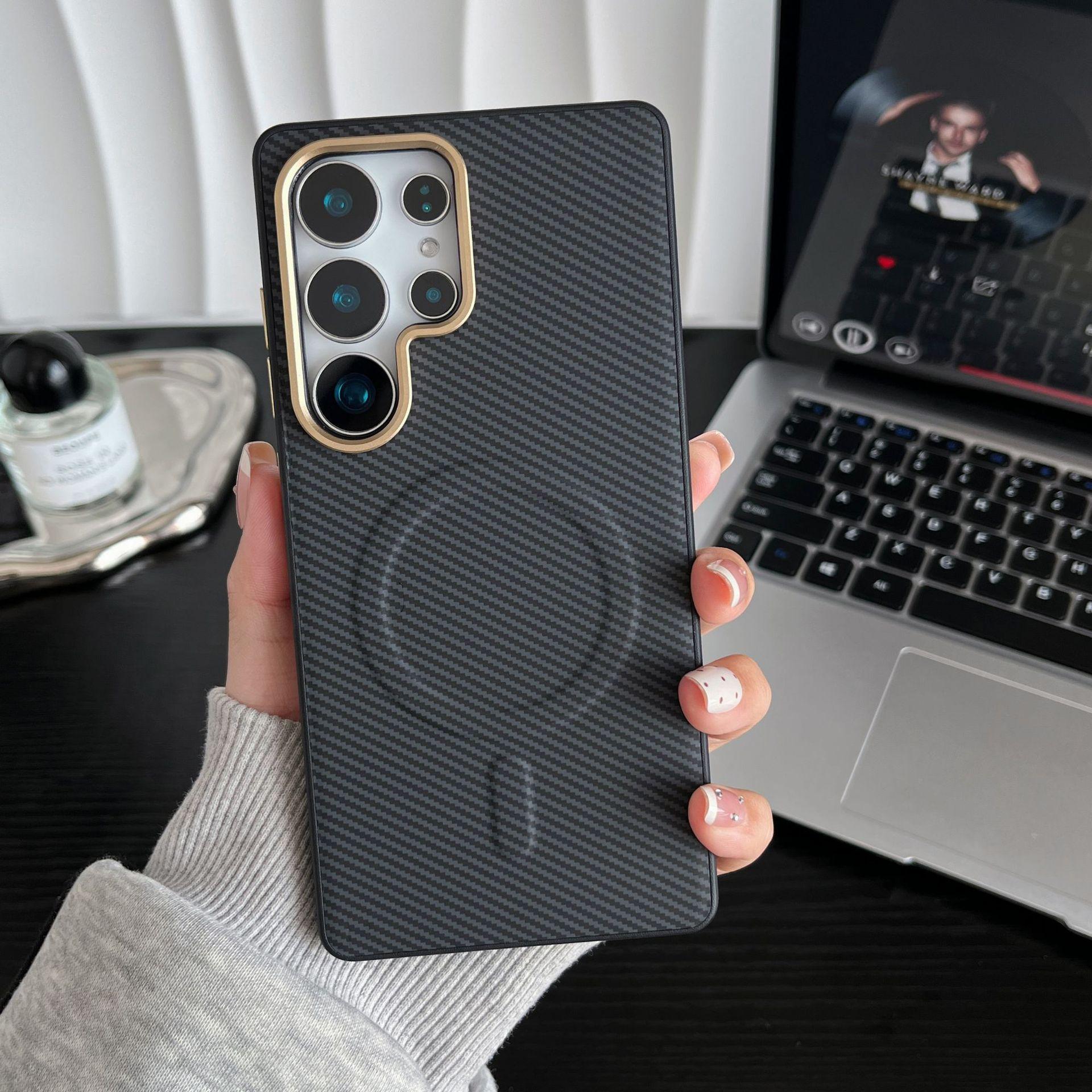 

Samsung S25ultra Mobile Phone Case S24plus Kevla Carbon Fiber Pattern Magnetic Suction Belt Metal Lens Ring Galaxy S23 Ultra