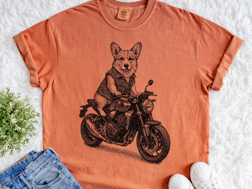 Vintage Corgi Biker Shirt – Retro Welsh Corgi Motorcycle Tee, Pembroke Corgi Rider Gift, Biker Dog Mom Dad Unisex Shirt