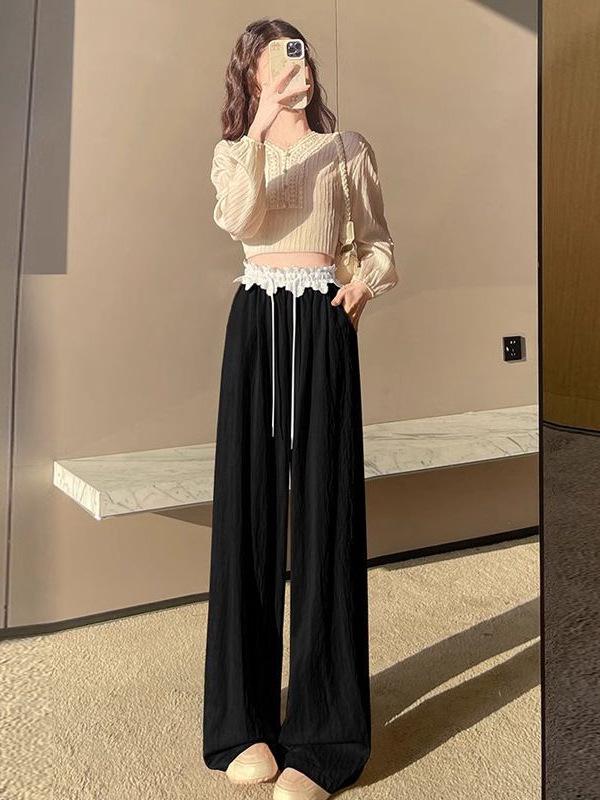 High-Waisted Sweet Lace Patchwork Wide-Leg Pants for Women - Loose-Fit Drawstring Trousers for Spring & Autumn