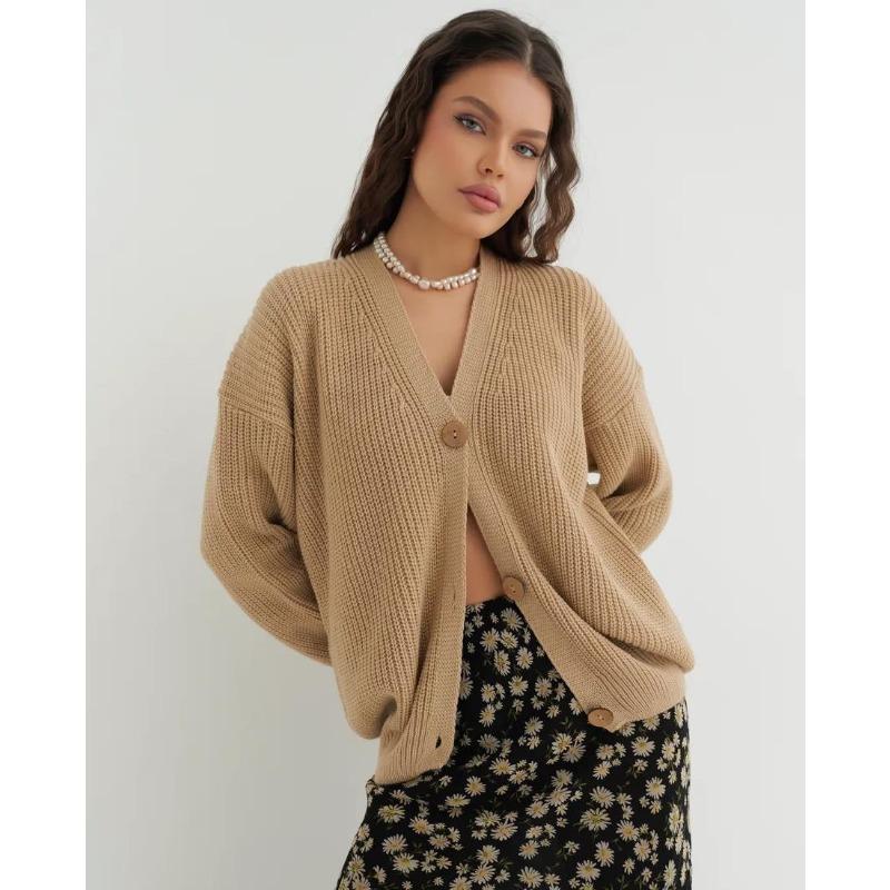 TIFICY Women's Fashion Casual Fall Winter Solid Color Print Long Sleeve V-Neck Sweaters
