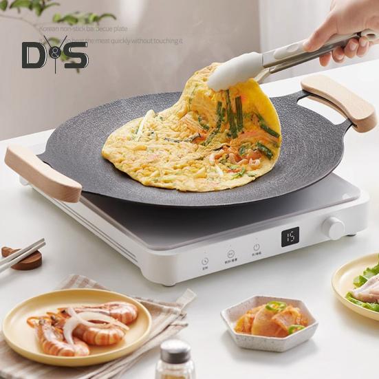 Litinový plech na pečení s rukojeťmi, nepřilnavá kulatá pánev na grilování steaků, mořských plodů, zeleniny, palačinek, multifunkční grilovací pánev na sporák, táborák