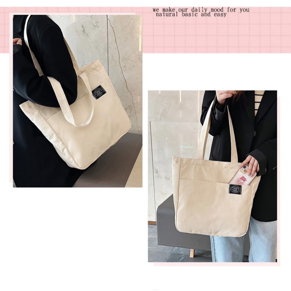 Deoway Canvas Tote A4 Large Shoulder Canvas Shoulder Tote Bag for Men and Solid with Zipper Bag, Size, Capacity, Tote, Bag, Women, Color, (Beige)