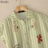 ZANZEA Women Casual Turn Down Collar Loose Short Sleeve Stripe Blouse