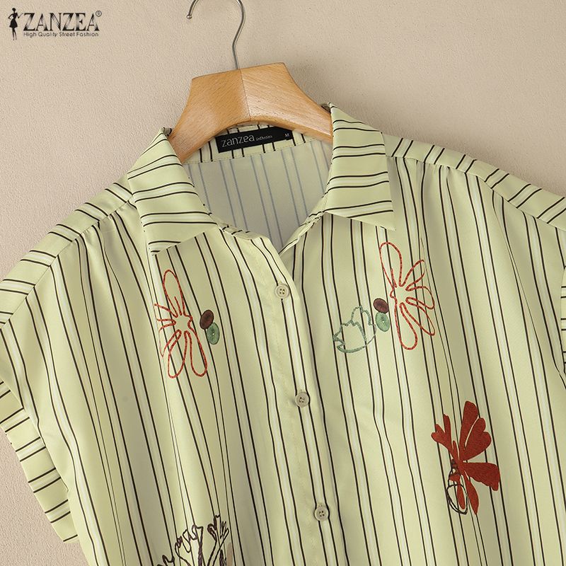 ZANZEA Women Casual Turn Down Collar Loose Short Sleeve Stripe Blouse
