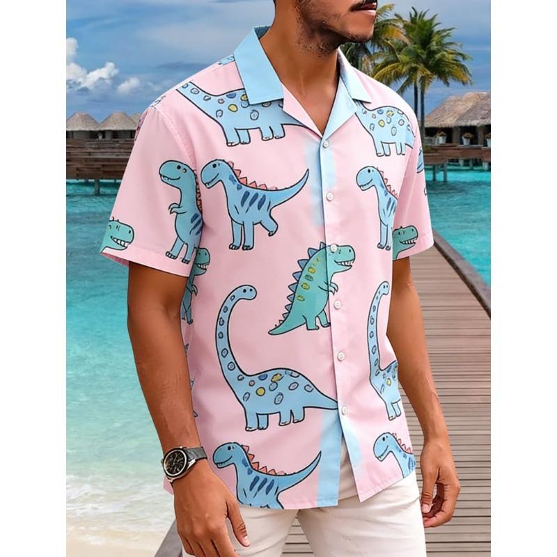 Men's Classic Retro Ocean Animal Print Short Sleeve Shirt Dinosaur Print Top