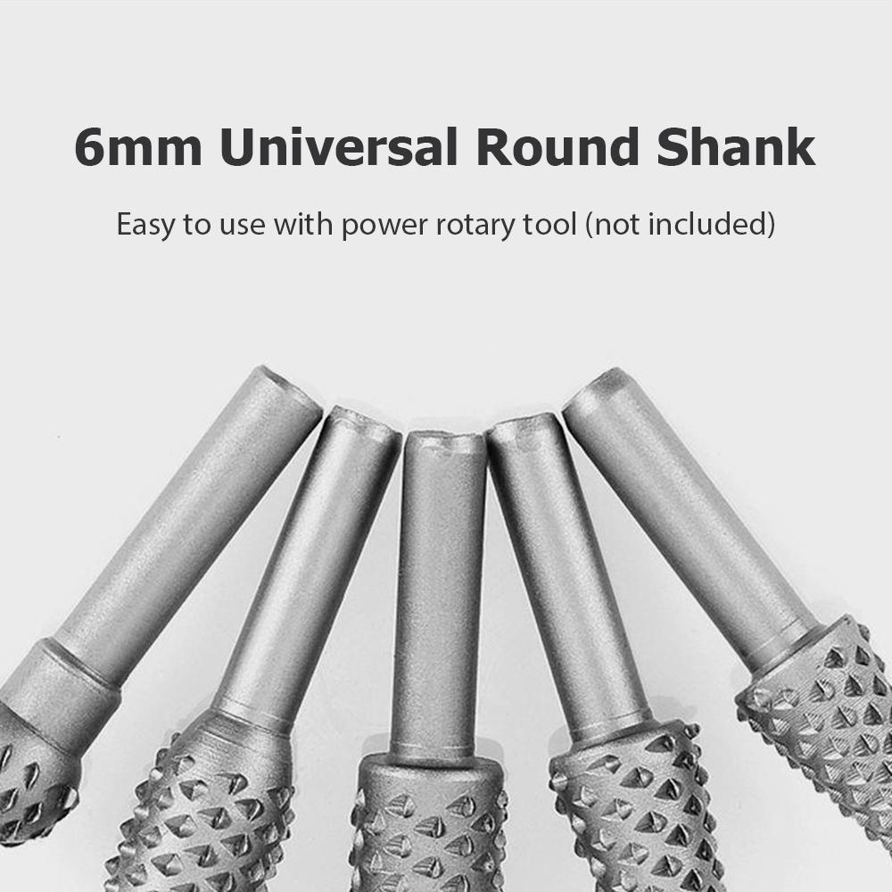   5PCS Wood Carving File Burr Rasp Set for Woodworking Tool Drill Bit with 6mm Round Shank for Wood Plastic Carving Deburring Polishing  