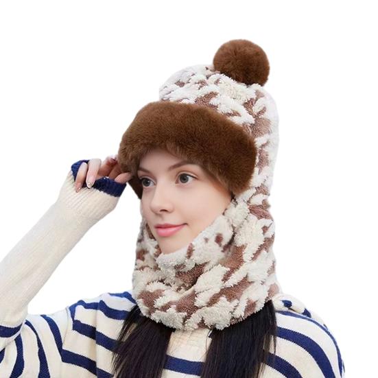 Women Headgear 3-in-1 Winter Hat Scarf Hoodie Knit Warm Plush Lined Lightweight