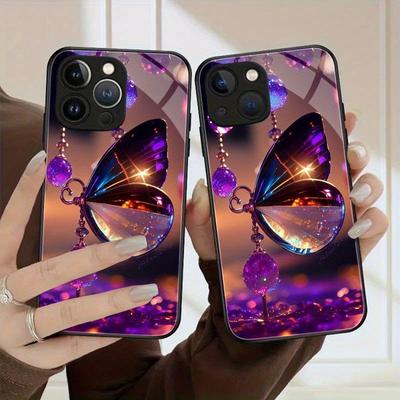 Crystal Butterfly Pattern Tempered Glass Phone Case For iPhone 17 Pro Max 11 12 13 14 15 16 Pro 17Air 16E 7 8 Plus XR XS X Cover