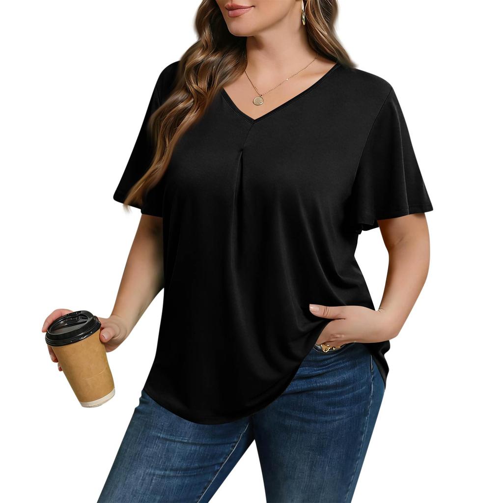 Women's Plus Size Fashionable Casual Loose-Fit Short Sleeve Elegant V Neck Blouse For Work