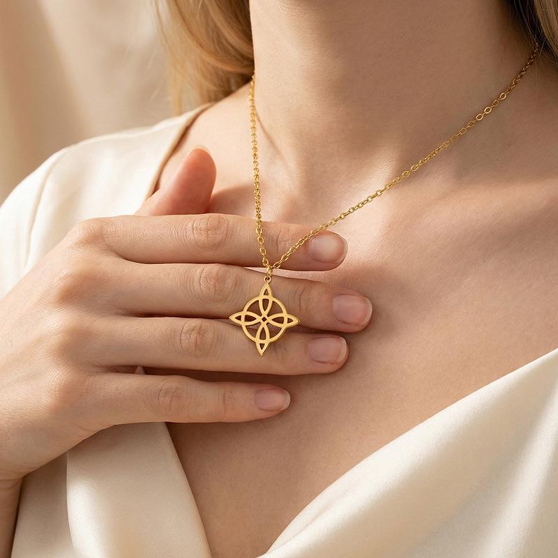 18K Gold Stainless Steel Witch s Knot Pendant Necklace - Geometric Hollow-Out Design 18K золотой