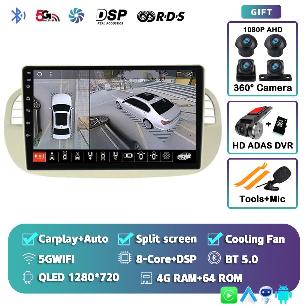 Android 14 Carplay Car Radio For Fiat 500 Multimedia Video Player Navigation GPS Stereo AI Voice Head Unit 360 Camera 4G+Wifi BT