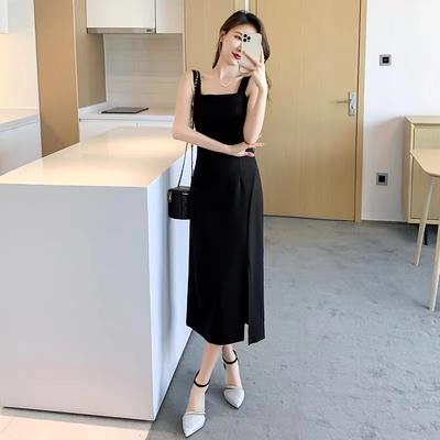 New Strap Skirt Summer Temperament Thin Suspender Dress Women's Summer Inner Wear Medium and Long Split Black