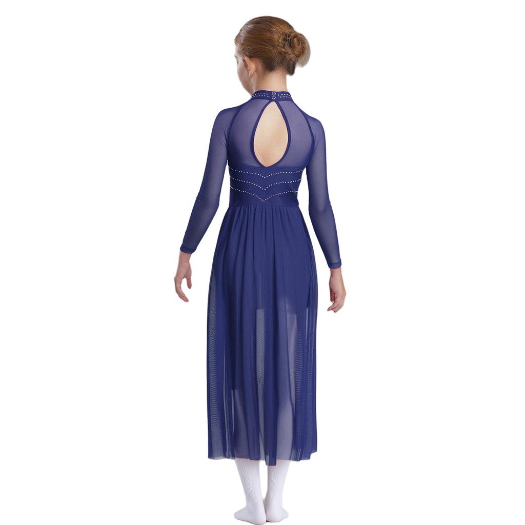 Mädchen Performance-Kleid Strasssteine Transparenter Mesh Patchwork Design Fließender Rock mit Schlitz Schlüsselloch-Rücken Body