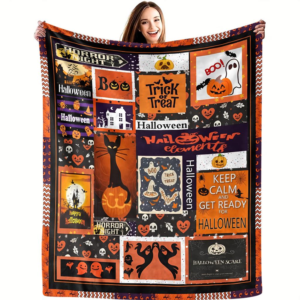 Flannel Halloween Blanket Vibrant Halloween Motifs Print Flannel Blanket For Adding Spooky Charm To Home Stylish Durable