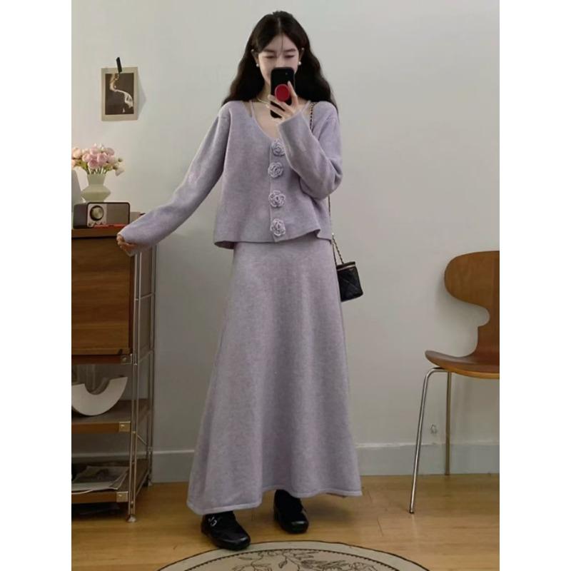 Camellia large size knitted cardigan skirt women's two-piece set autumn and winter new loose casual sweater set women