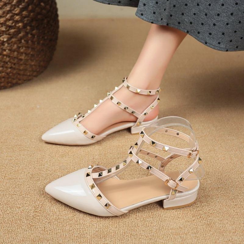 

Women s Shoes New Spring and Autumn Flat Rivets Single Shoes Pointed Toe Thick Heel Low Heel Fashion Sandals Popular 43 бежевий
