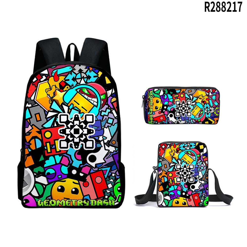 Klassiek Populair Geometry Dash 3D Print 3 stuks/Set leerling Schooltassen Laptop Dagrugzak Rugzak Schuin gedragen schoudertas Etui