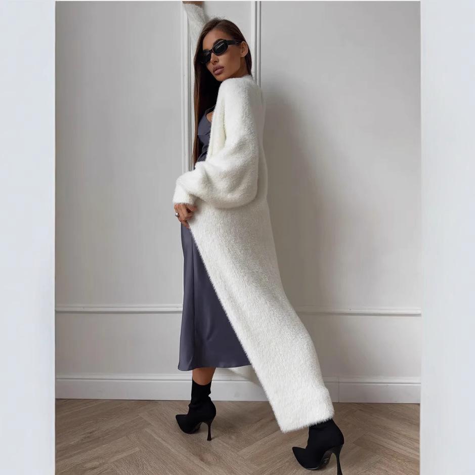 Women's Fluffy Faux Mink Knit Cardigan Coat - White, Autumn/Winter Loose Fit