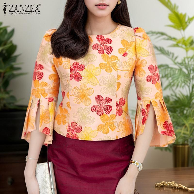 ZANZEA Women Casual Round Neck 3/4 Sleeve Floral Print Blouse