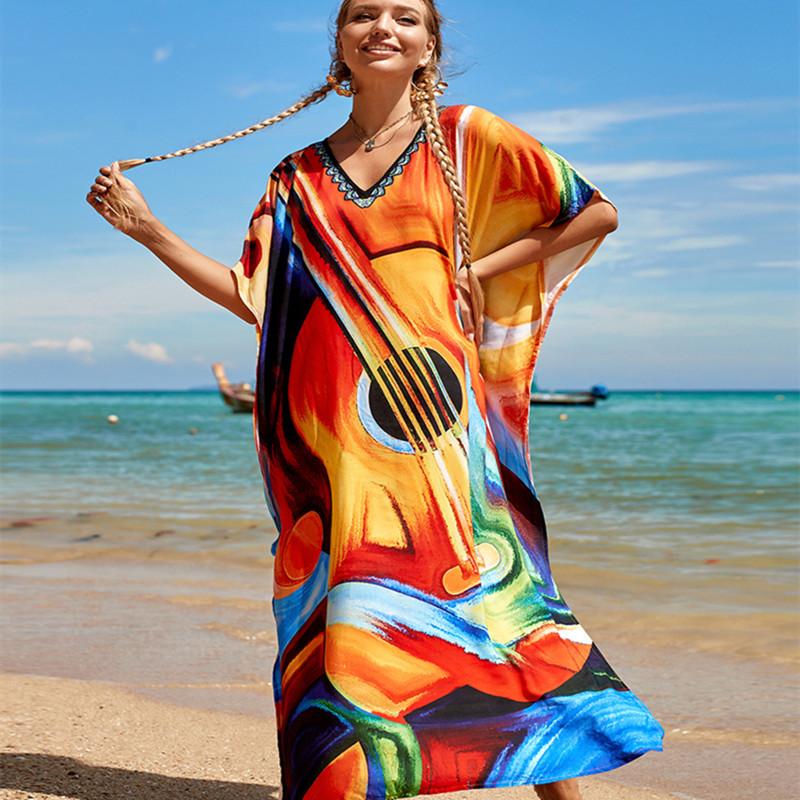 2022 Multicolored Kaftan Bohemian Printed V-neck Batwing Sleeve Street Wear Maxi Dress Women Beach Wear Swim Suit Cover Up Q1342