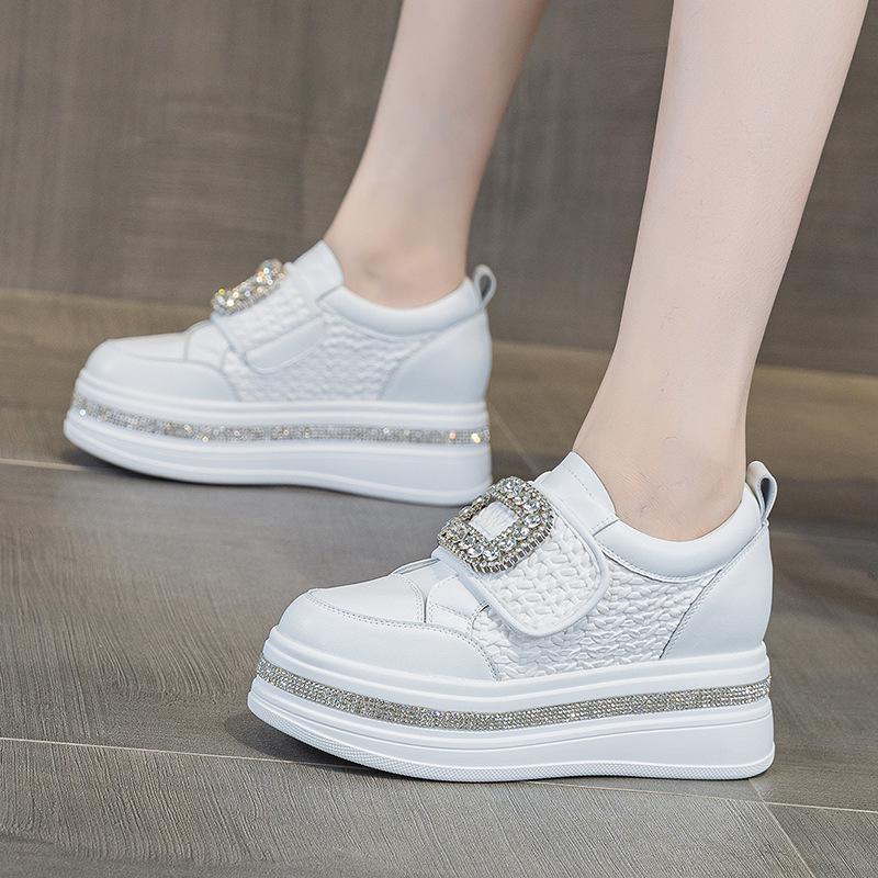Women's 2025 Autumn White Rhinestone Casual Sneakers with Magic Tape and Petite Height-Boosting Thick Sole