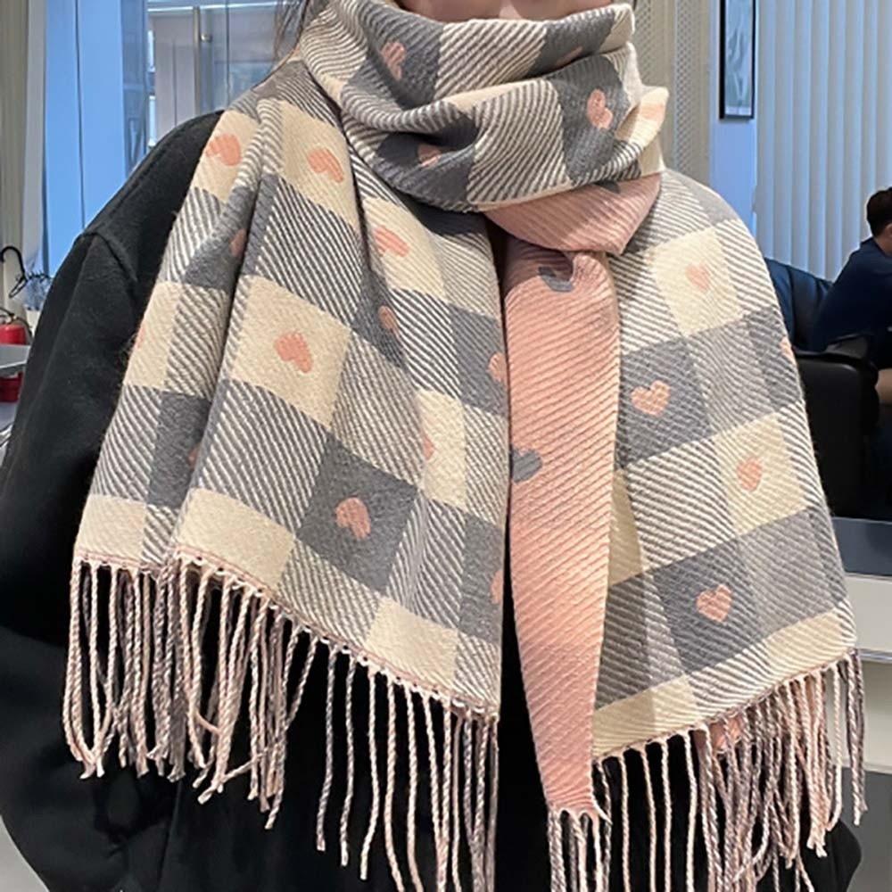 Warmer Plaid Knitted Scarf Long Tassel Shawl Gifts Heart Thickened Scarf  Spring