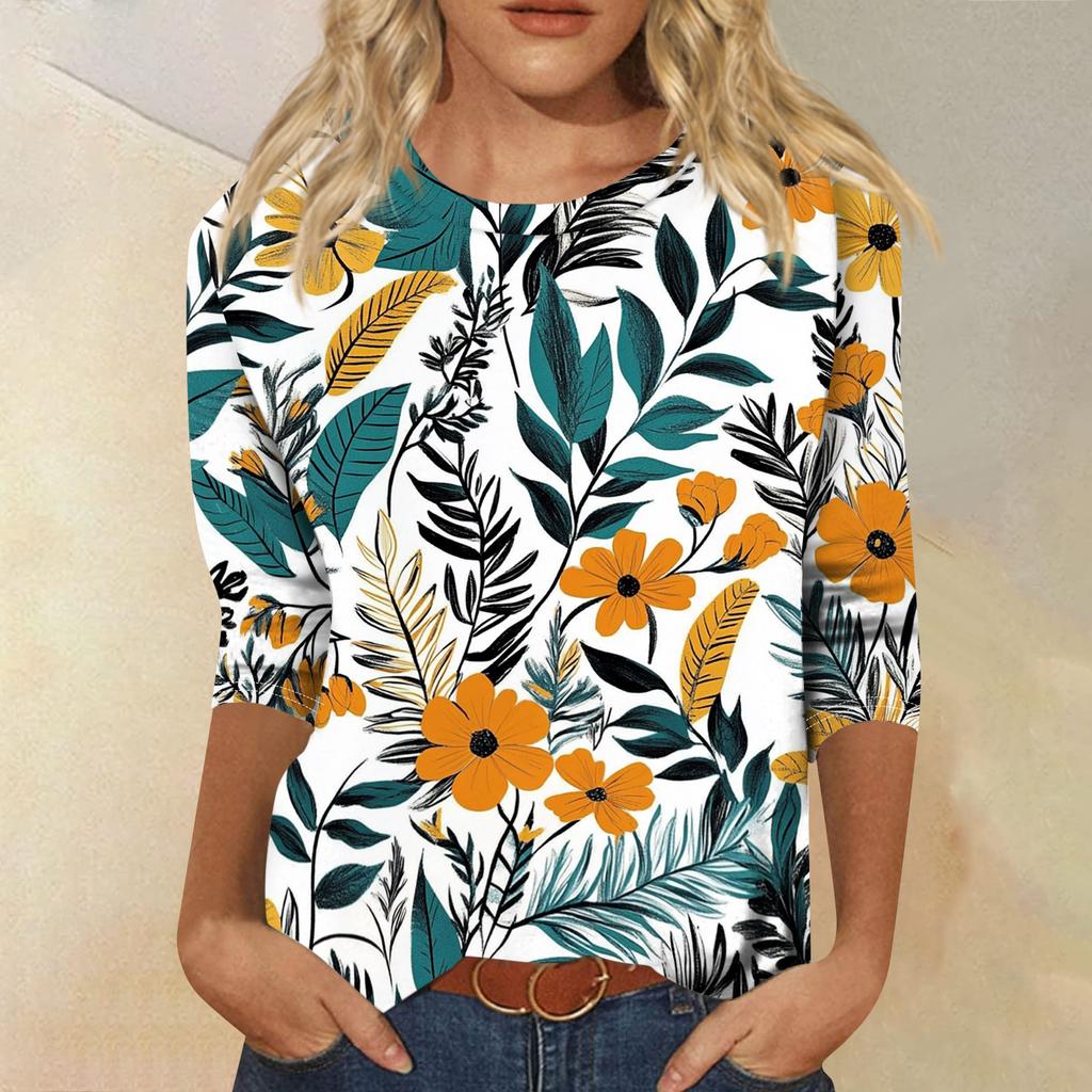 Módní vintage top s 3/4 rukávem pro ženy, dámská ležérní halenka s tříčtvrtečním rukávem a kulatým výstřihem s potiskem